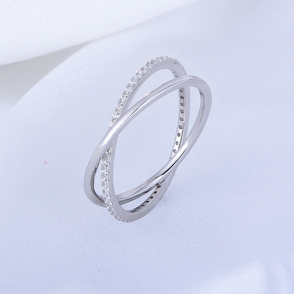 European and American style S925 Korean style sterling silver ring, simple double-ring interlocking full circle zircon silver ring.