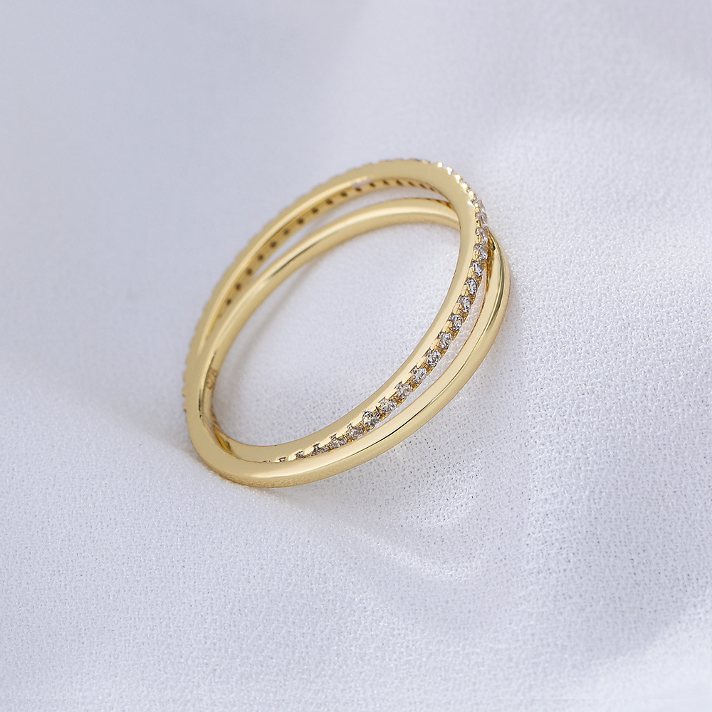 European and American style S925 Korean style sterling silver ring, simple double-ring interlocking full circle zircon silver ring.