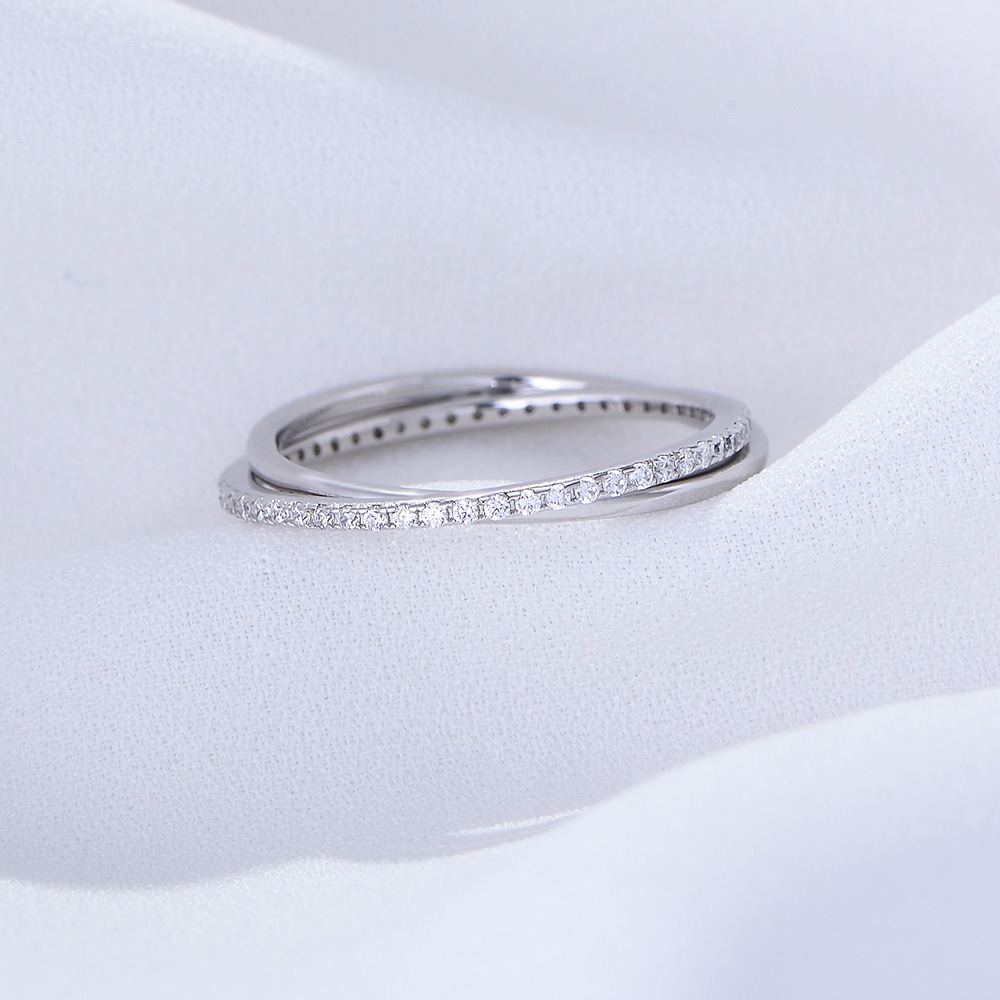 European and American style S925 Korean style sterling silver ring, simple double-ring interlocking full circle zircon silver ring.