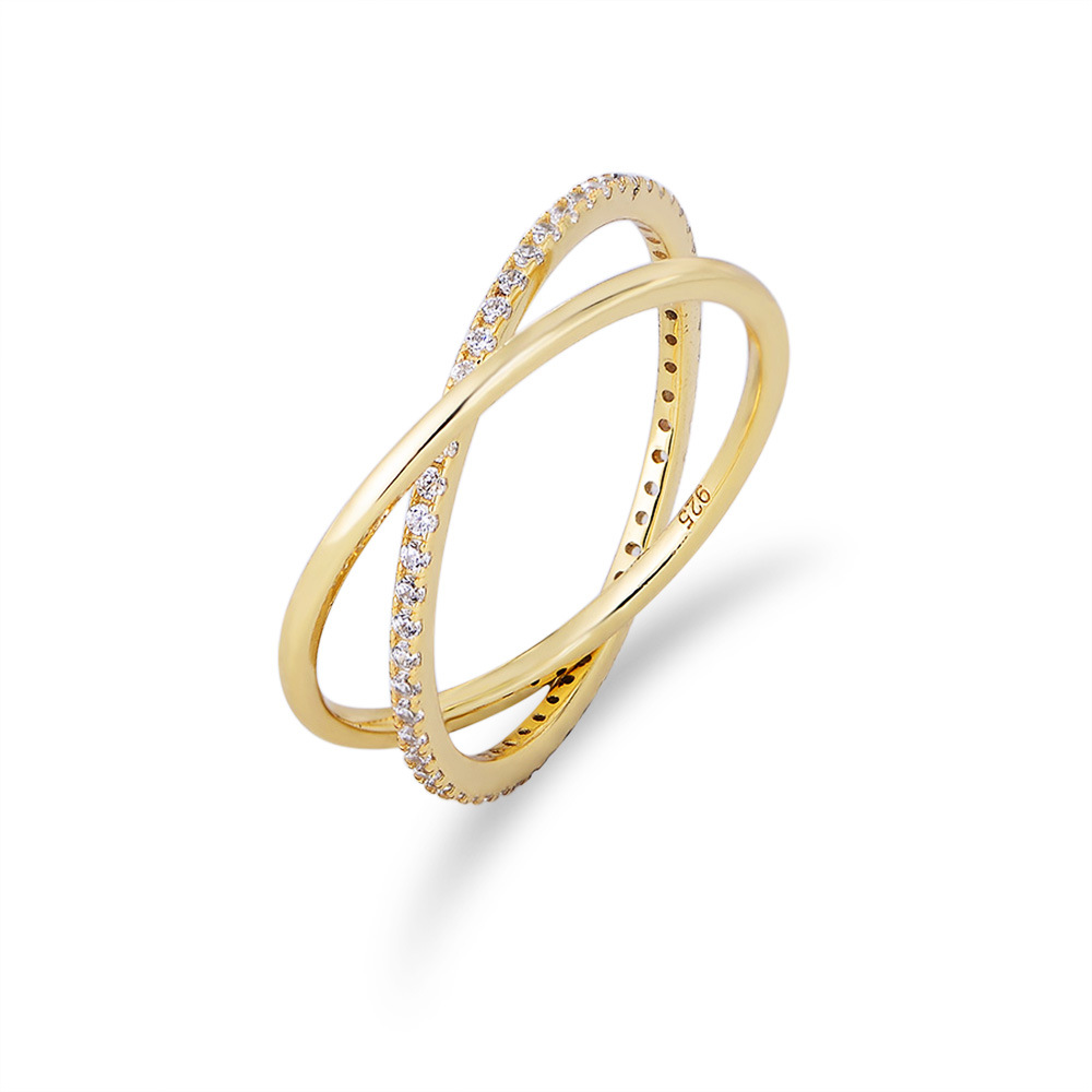 European and American style S925 Korean style sterling silver ring, simple double-ring interlocking full circle zircon silver ring.
