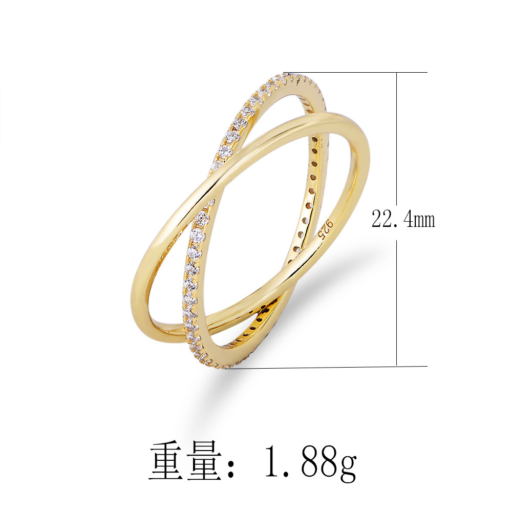 European and American style S925 Korean style sterling silver ring, simple double-ring interlocking full circle zircon silver ring.