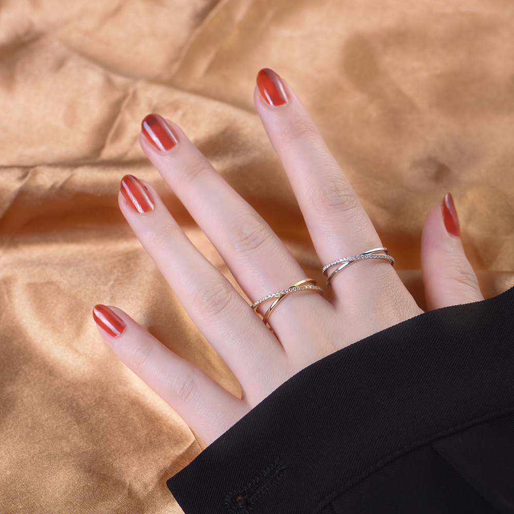 European and American style S925 Korean style sterling silver ring, simple double-ring interlocking full circle zircon silver ring.