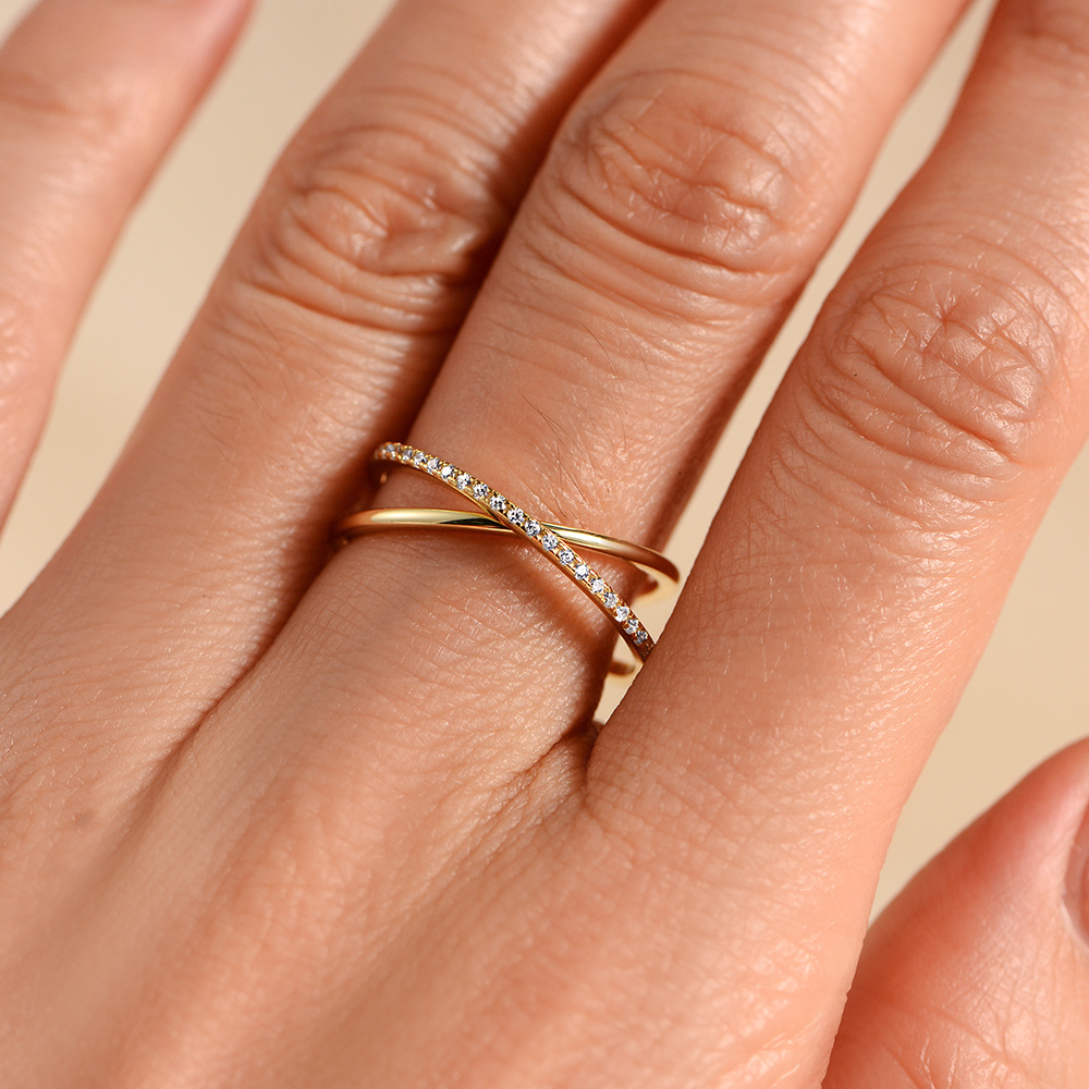 European and American style S925 Korean style sterling silver ring, simple double-ring interlocking full circle zircon silver ring.