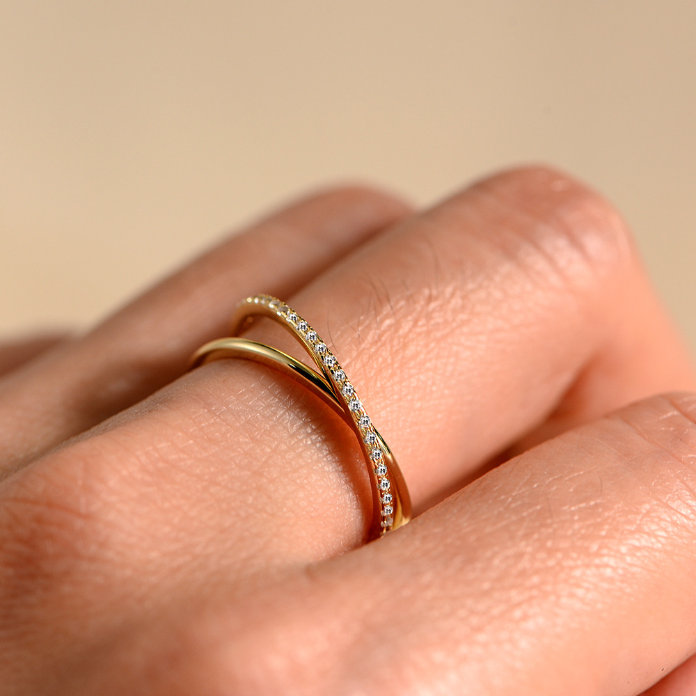 European and American style S925 Korean style sterling silver ring, simple double-ring interlocking full circle zircon silver ring.