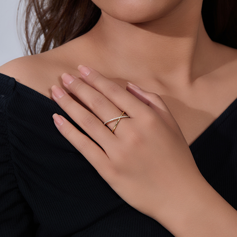 European and American style S925 Korean style sterling silver ring, simple double-ring interlocking full circle zircon silver ring.