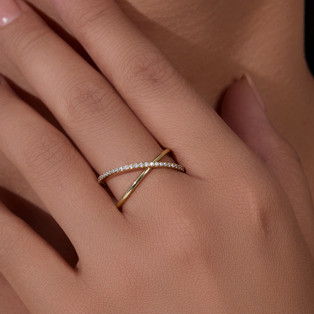 European and American style S925 Korean style sterling silver ring, simple double-ring interlocking full circle zircon silver ring.