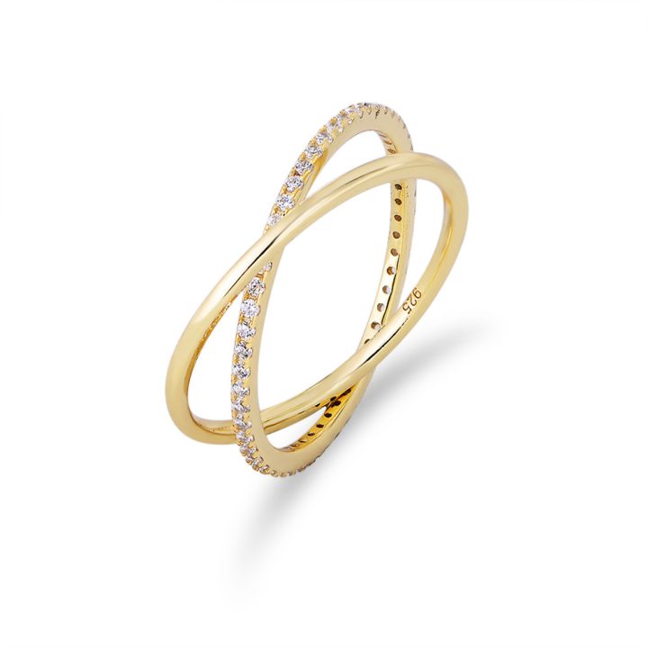 European and American style S925 Korean style sterling silver ring, simple double-ring interlocking full circle zircon silver ring.