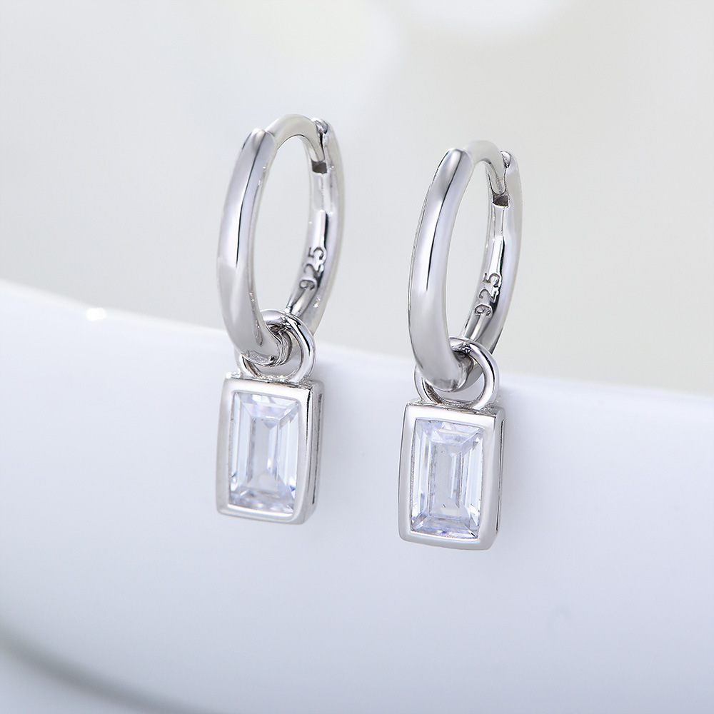 925 Sterling Silver Geometric Square Zirconia Earrings, Small and Unique, European and American Style, Elegant Women's Earrings