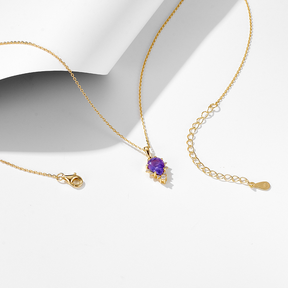 S925 Sterling Silver Natural Amethyst Pendant Necklace for Women, Japanese Style, Light Luxury, Niche Design, High-End Clavicle Chain Necklace
