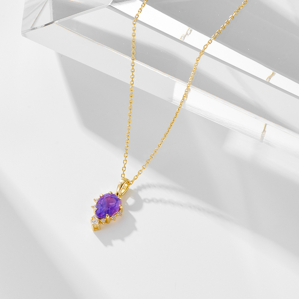 S925 Sterling Silver Natural Amethyst Pendant Necklace for Women, Japanese Style, Light Luxury, Niche Design, High-End Clavicle Chain Necklace