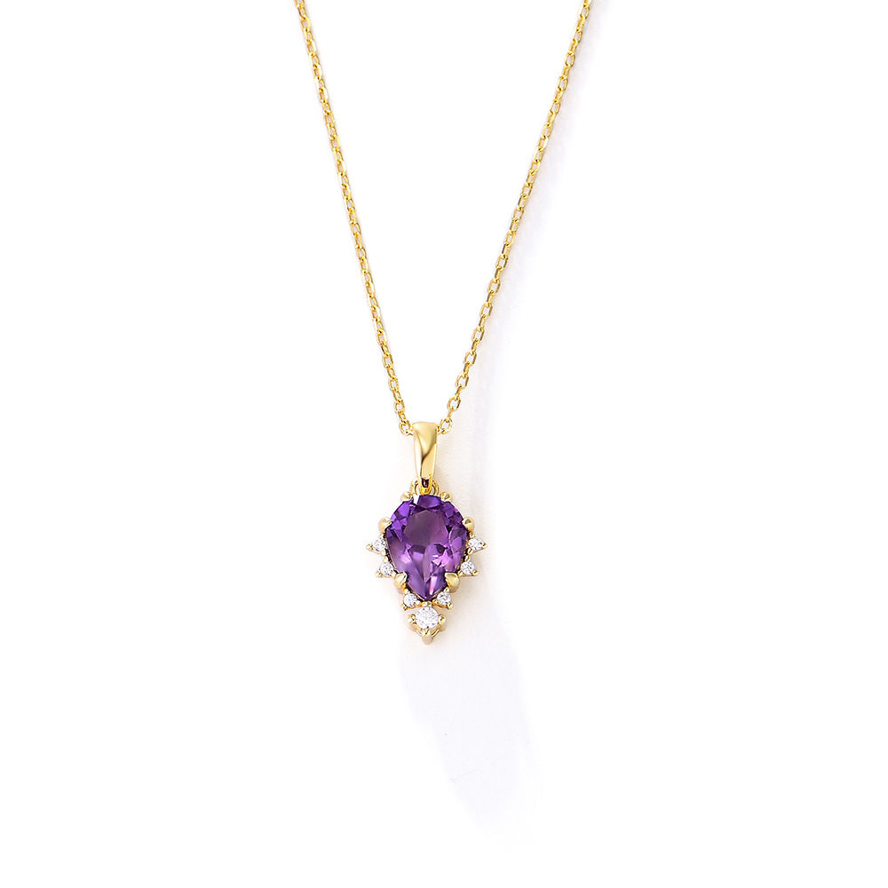 S925 Sterling Silver Natural Amethyst Necklace, Teardrop Gemstone Pendant, Adjustable Clavicle Chain