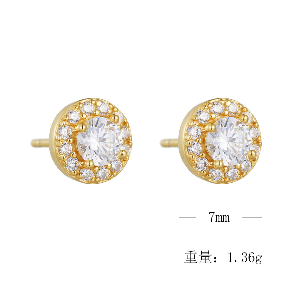 Round, full-diamond zircon sterling silver stud earrings for women, European and American hip-hop style, simple and trendy, high-quality wholesale.