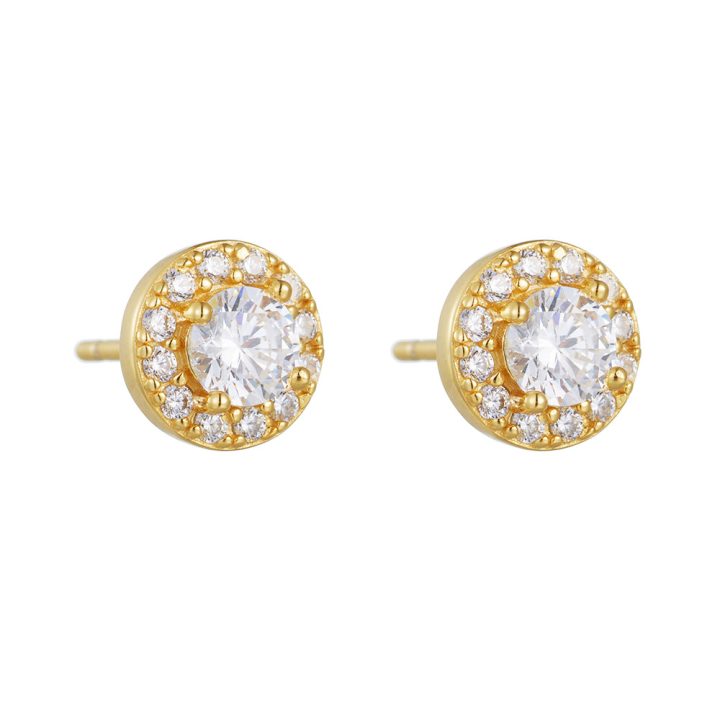 Round, full-diamond zircon sterling silver stud earrings for women, European and American hip-hop style, simple and trendy, high-quality wholesale.