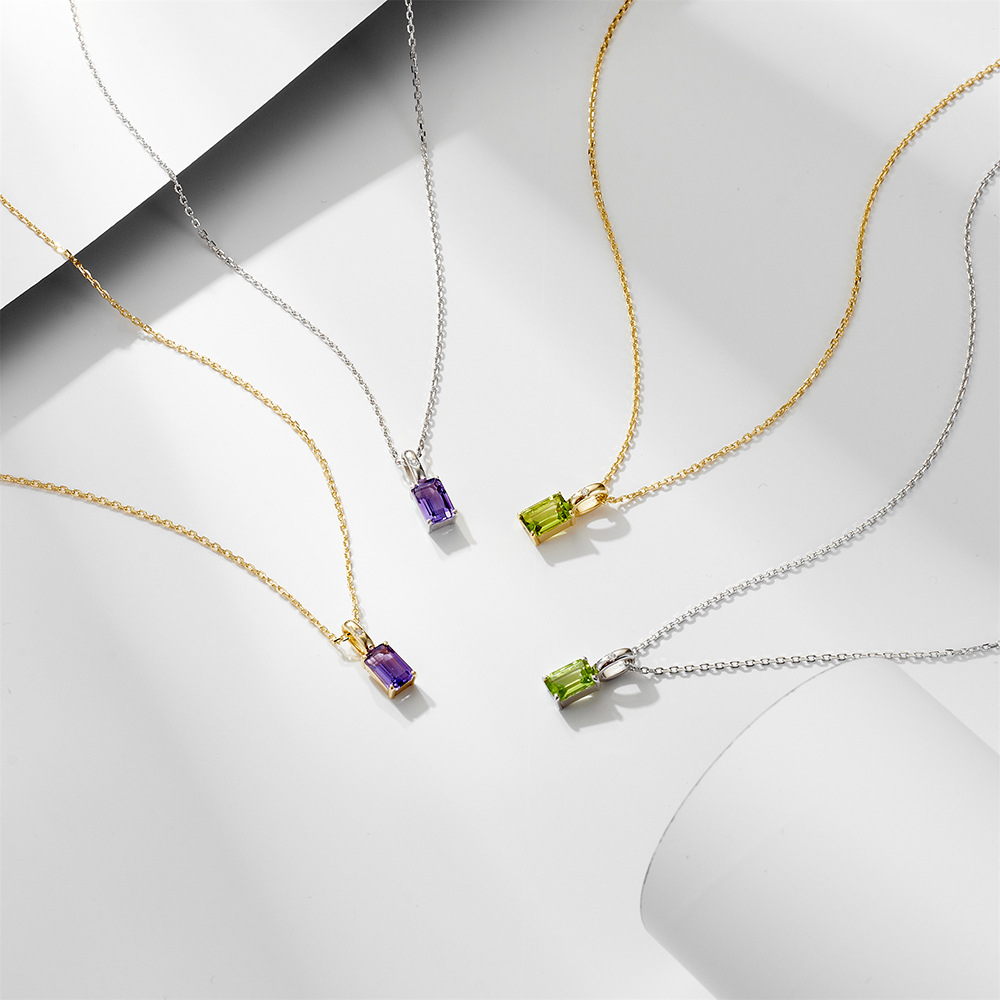 S925 Sterling Silver Natural Amethyst Peridot Pendant Necklace for Women, European and American Style, Niche Luxury Gemstone Clavicle Chain