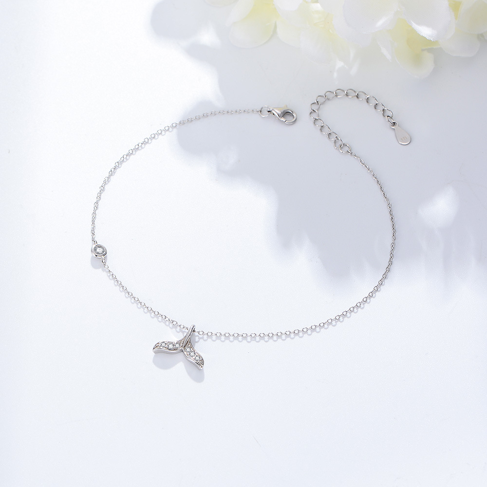 Wish European and American Summer Hot Selling S925 Sterling Silver Creative Mermaid Tail Anklet, Summer Simple and Elegant Diamond-Studded Women's Foot Jewelry