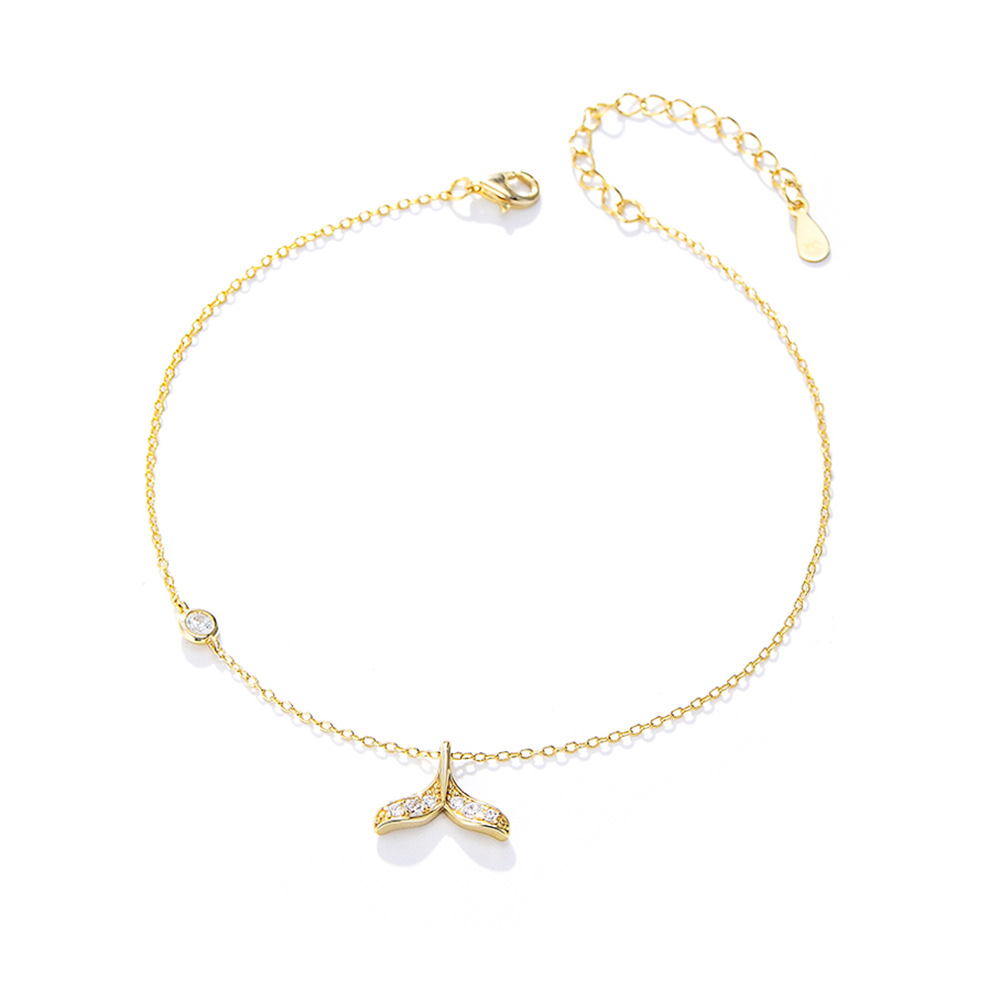 Wish European and American Summer Hot Selling S925 Sterling Silver Creative Mermaid Tail Anklet, Summer Simple and Elegant Diamond-Studded Women's Foot Jewelry