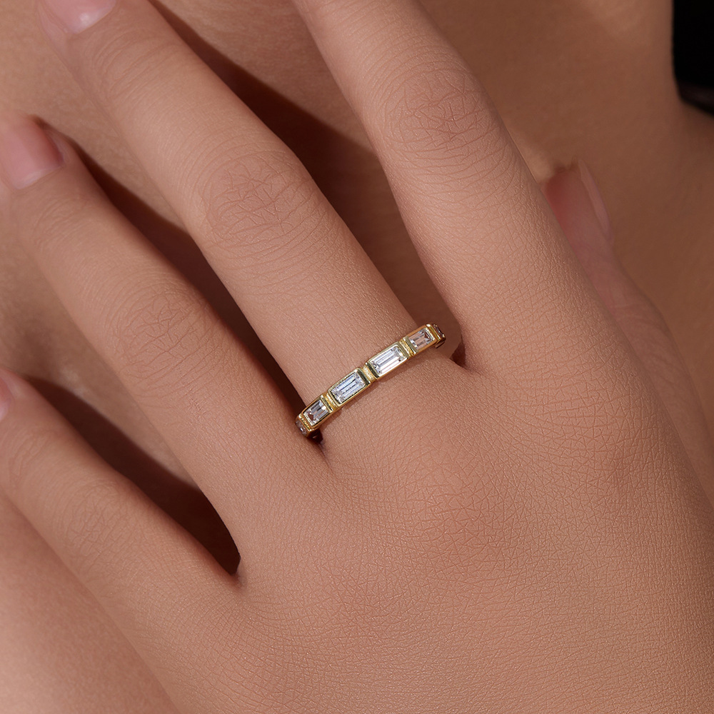 Popular S925 Sterling Silver Geometric Rectangular Zircon Ring for Women, European and American Style, Versatile and Suitable for Stacking