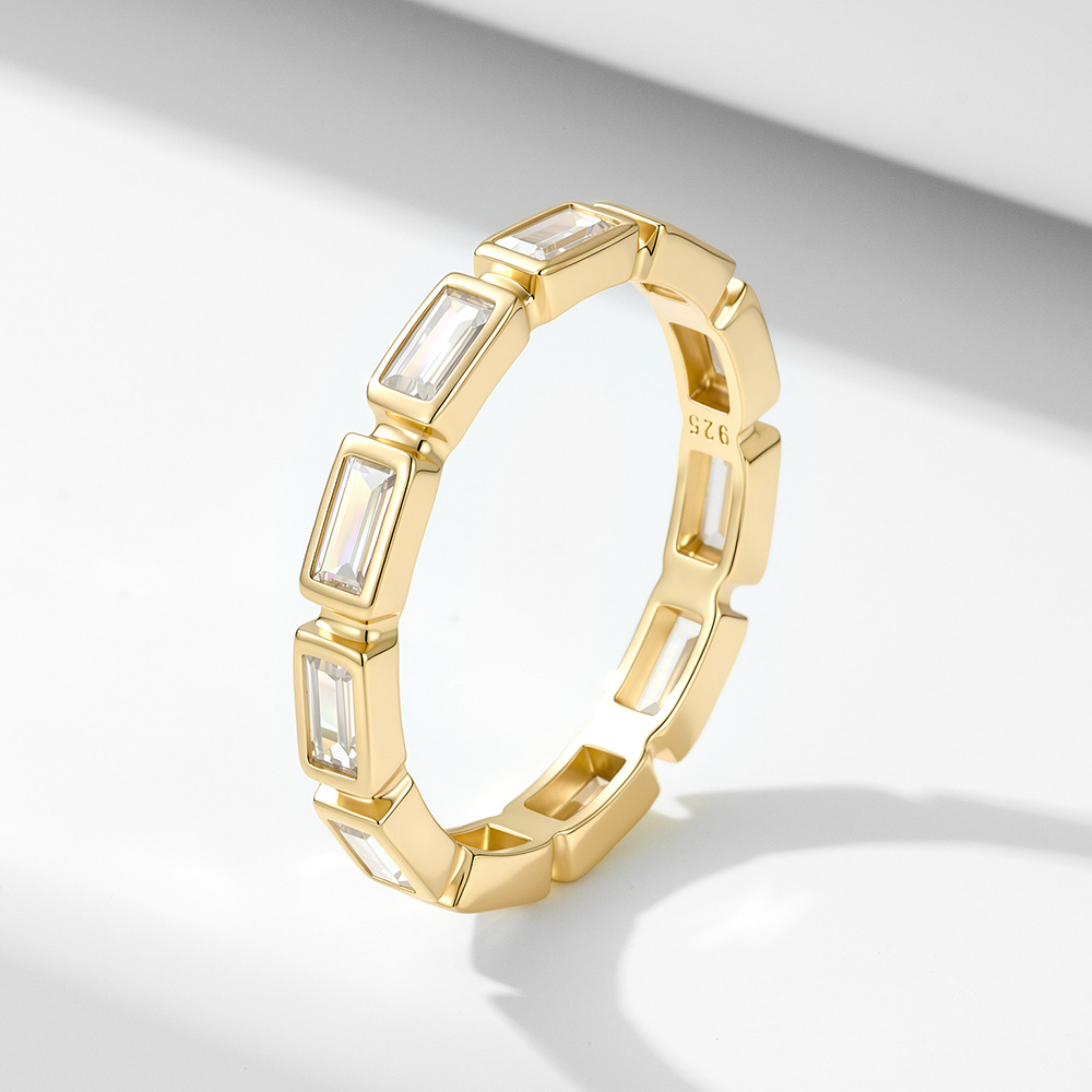 Popular S925 Sterling Silver Geometric Rectangular Zircon Ring for Women, European and American Style, Versatile and Suitable for Stacking