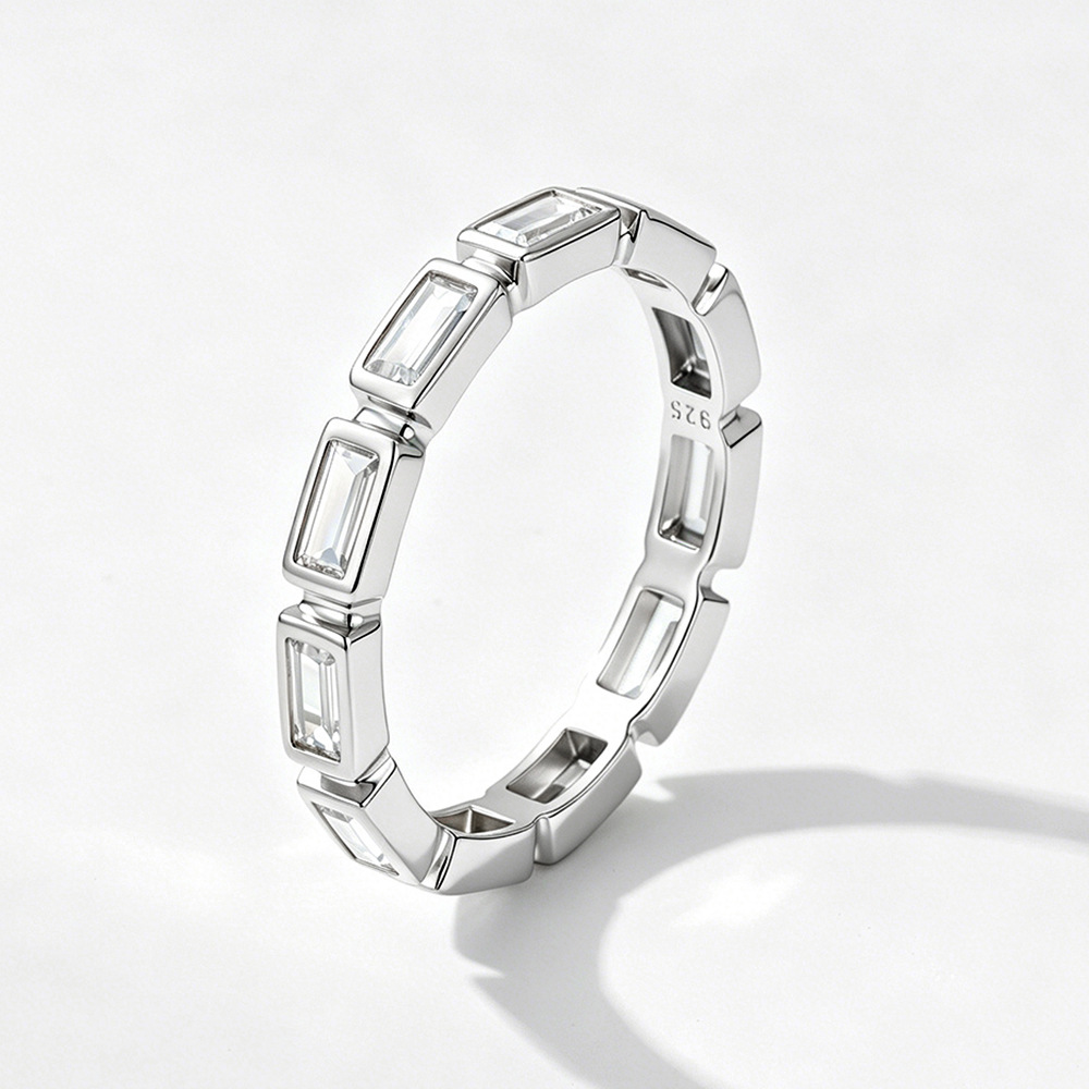 Popular S925 Sterling Silver Geometric Rectangular Zircon Ring for Women, European and American Style, Versatile and Suitable for Stacking