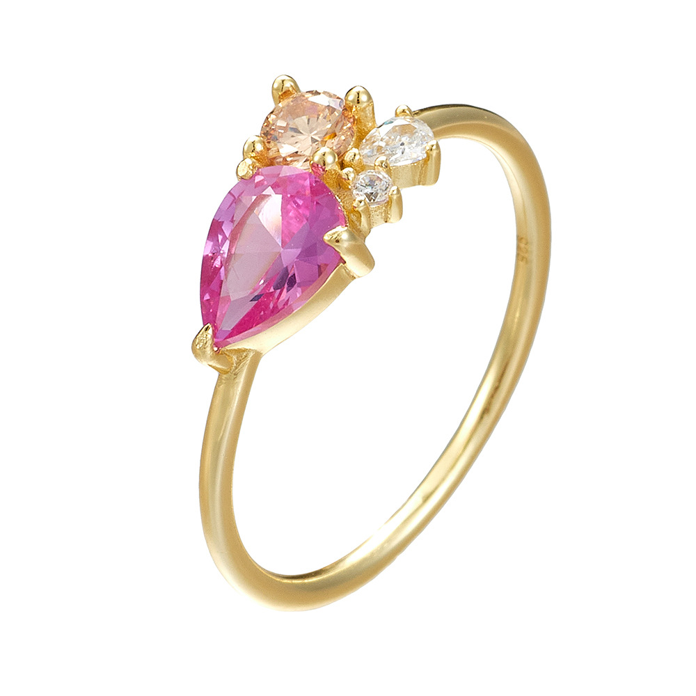 European and American style high-end women's ring with colorful teardrop zircon sterling silver, a light luxury style niche ring wholesale