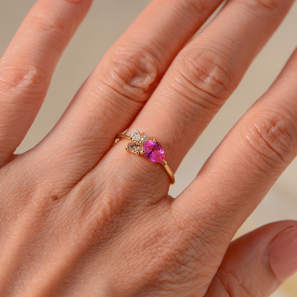 European and American style high-end women's ring with colorful teardrop zircon sterling silver, a light luxury style niche ring wholesale