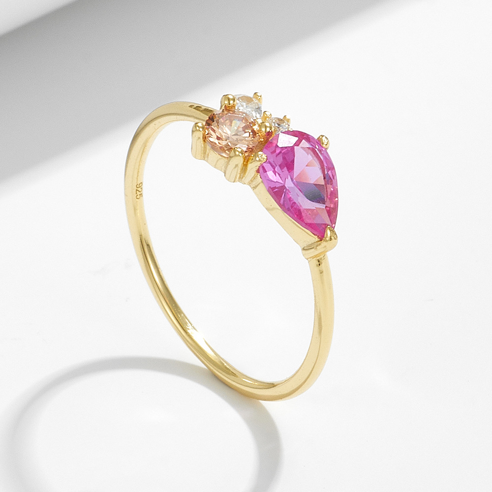 European and American style high-end women's ring with colorful teardrop zircon sterling silver, a light luxury style niche ring wholesale