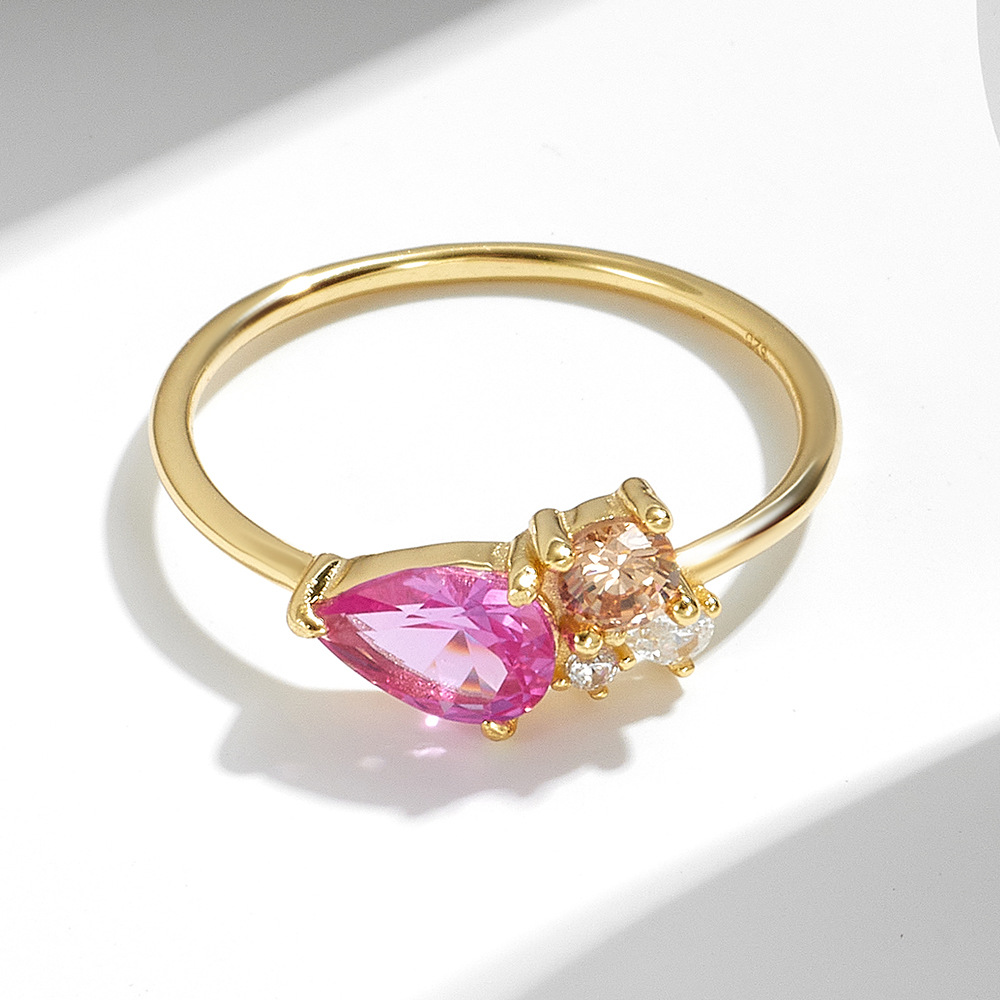 European and American style high-end women's ring with colorful teardrop zircon sterling silver, a light luxury style niche ring wholesale