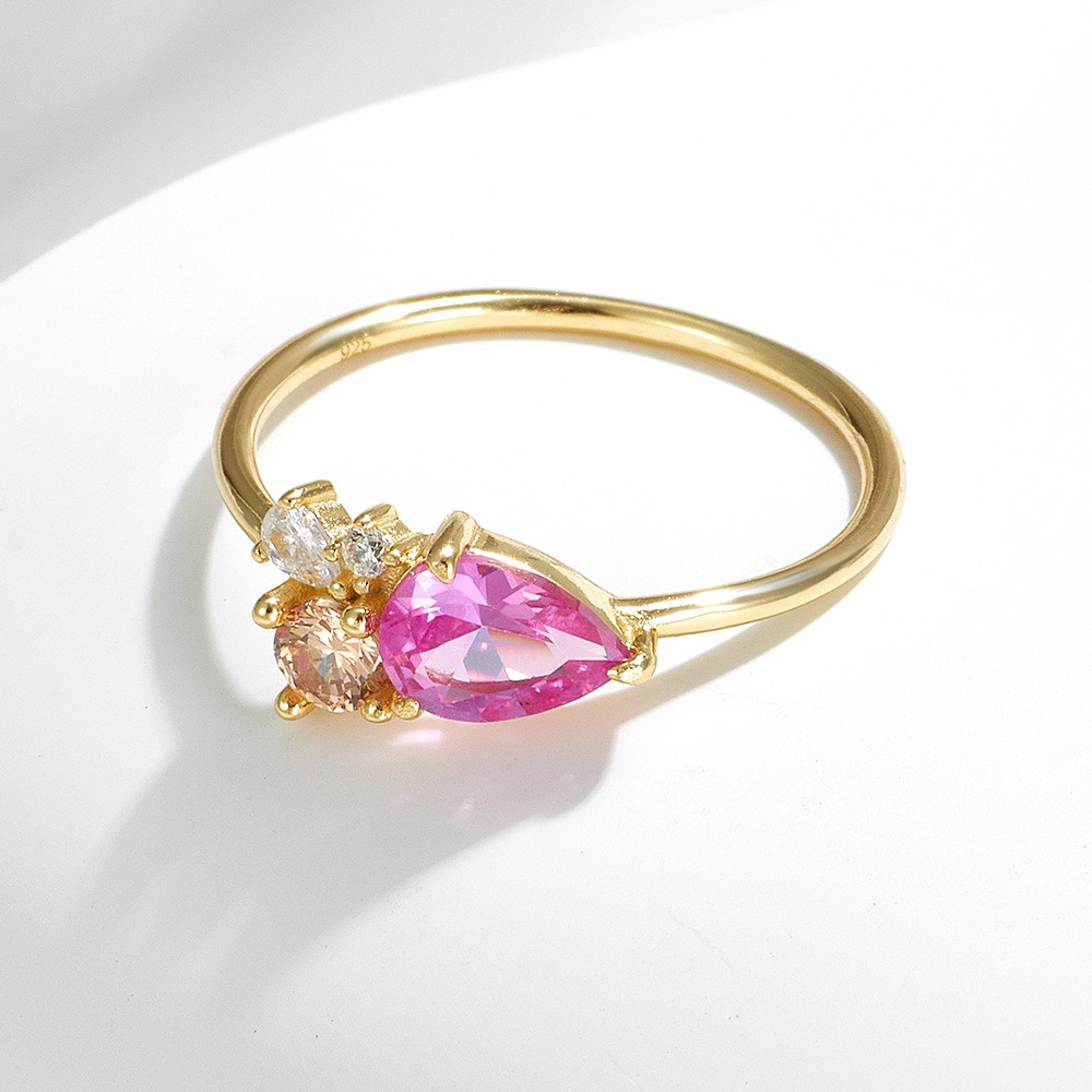 European and American style high-end women's ring with colorful teardrop zircon sterling silver, a light luxury style niche ring wholesale