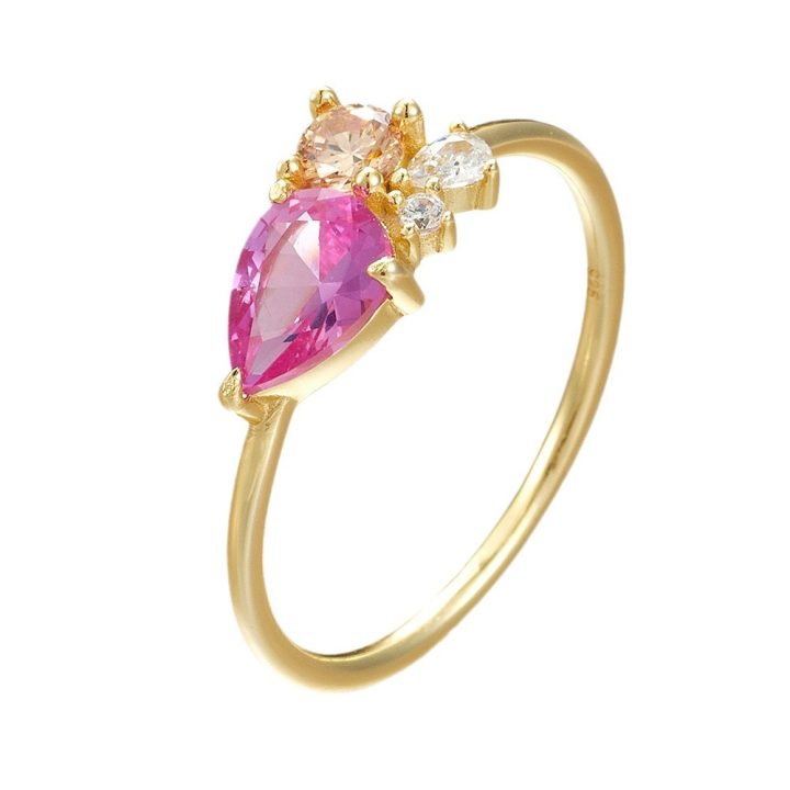 European and American style high-end women's ring with colorful teardrop zircon sterling silver, a light luxury style niche ring wholesale