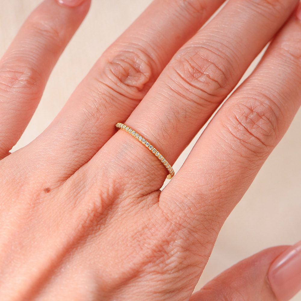 European and American style half-circle diamond single row ring, narrow version, sterling silver S925, stackable ring, simulated diamond ring.