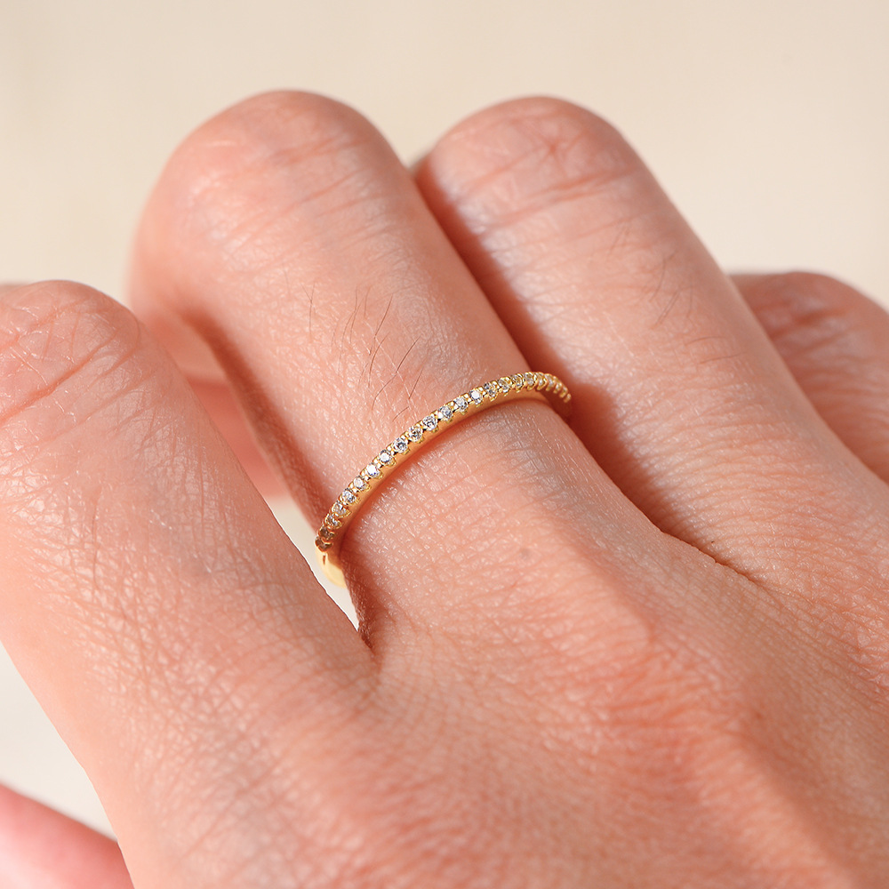 European and American style half-circle diamond single row ring, narrow version, sterling silver S925, stackable ring, simulated diamond ring.