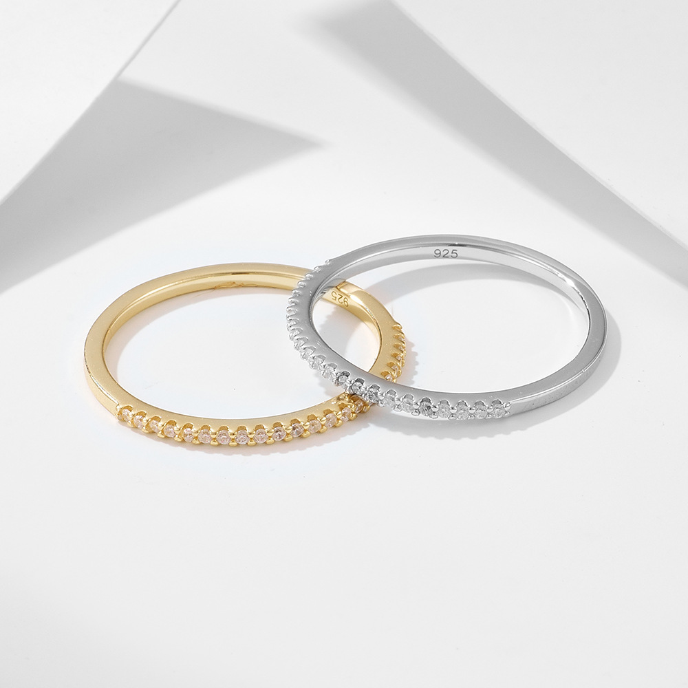 European and American style half-circle diamond single row ring, narrow version, sterling silver S925, stackable ring, simulated diamond ring.