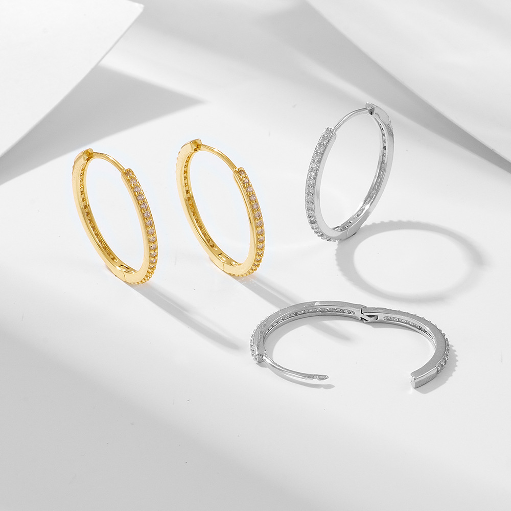 S925 Sterling Silver European and American Style Earrings, Large Circle with Micro-set Zircon, Elegant Earrings, Simple and Versatile, High-End Earrings