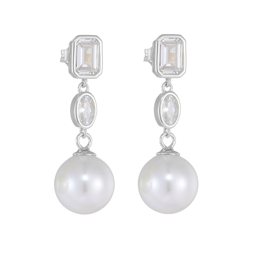 European and American minimalist square zircon pearl earrings, S925 sterling silver, elegant, understated luxury, versatile long pearl earrings/studs.