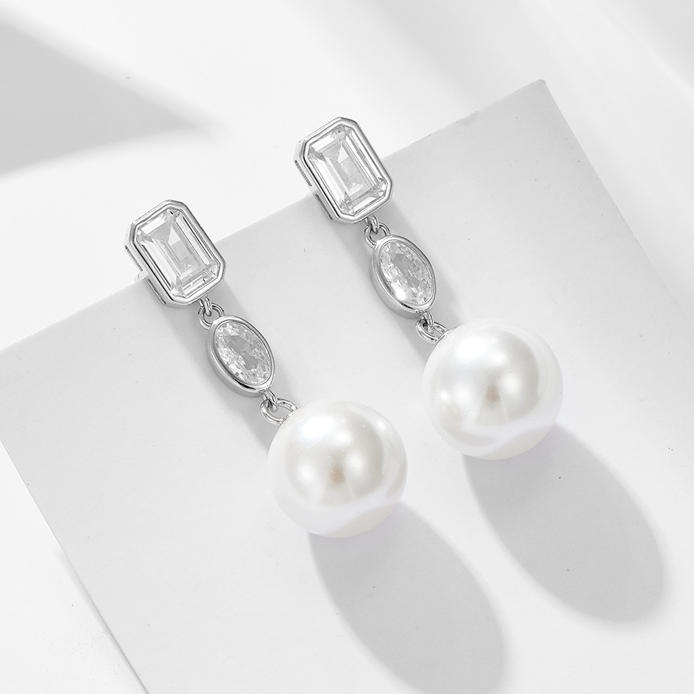 European and American minimalist square zircon pearl earrings, S925 sterling silver, elegant, understated luxury, versatile long pearl earrings/studs.