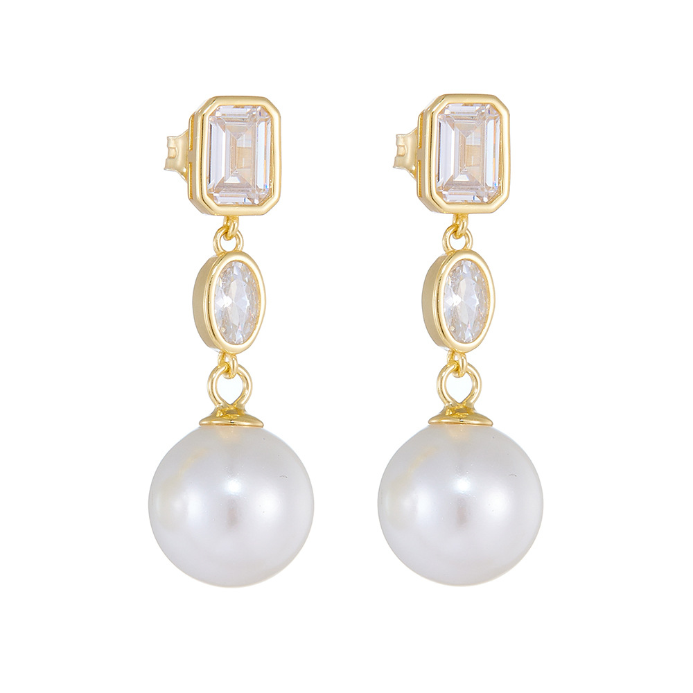 European and American minimalist square zircon pearl earrings, S925 sterling silver, elegant, understated luxury, versatile long pearl earrings/studs.