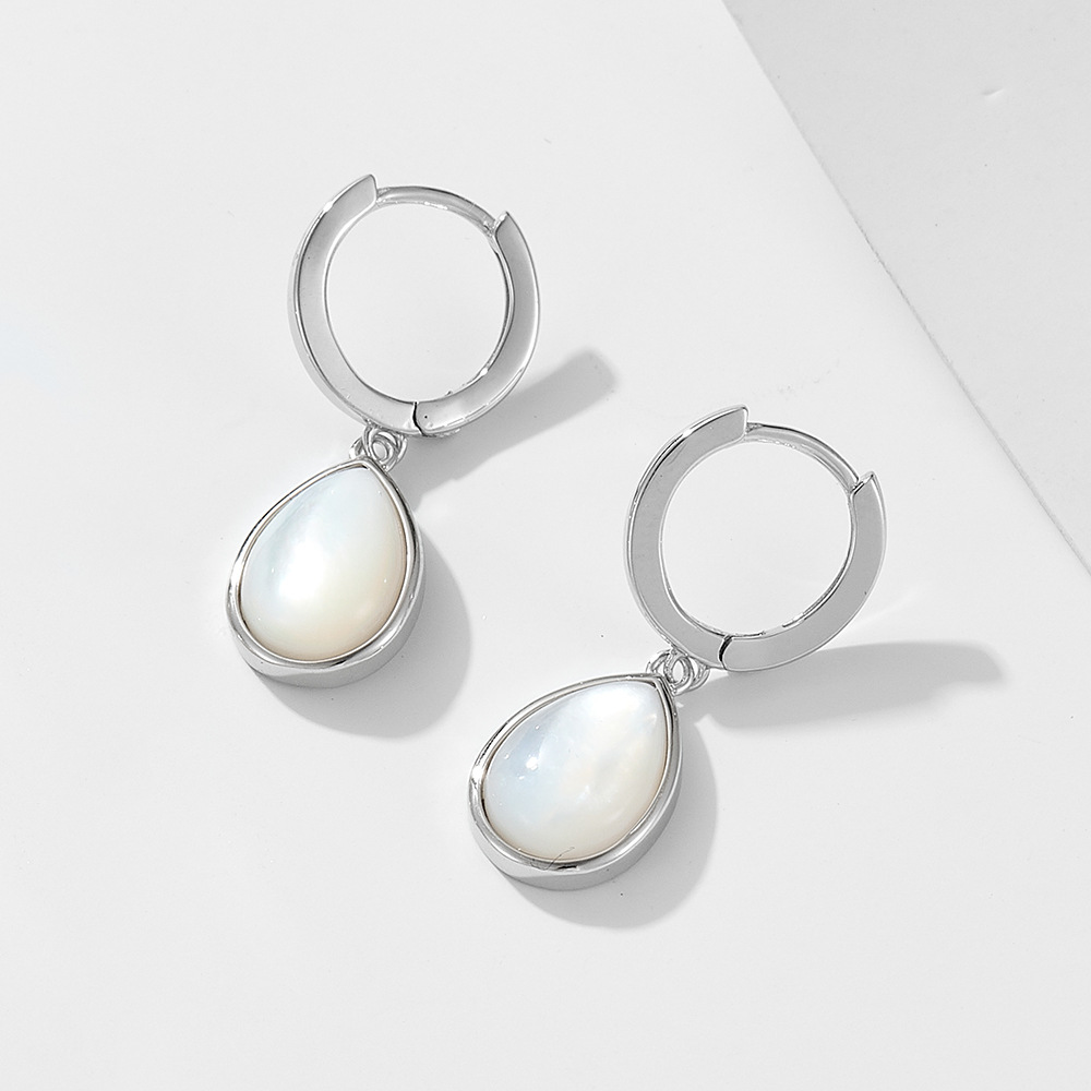 S925 Sterling Silver Teardrop-Shaped Natural White Shell Earrings - European and American Style, Niche Design, Light Luxury Earrings