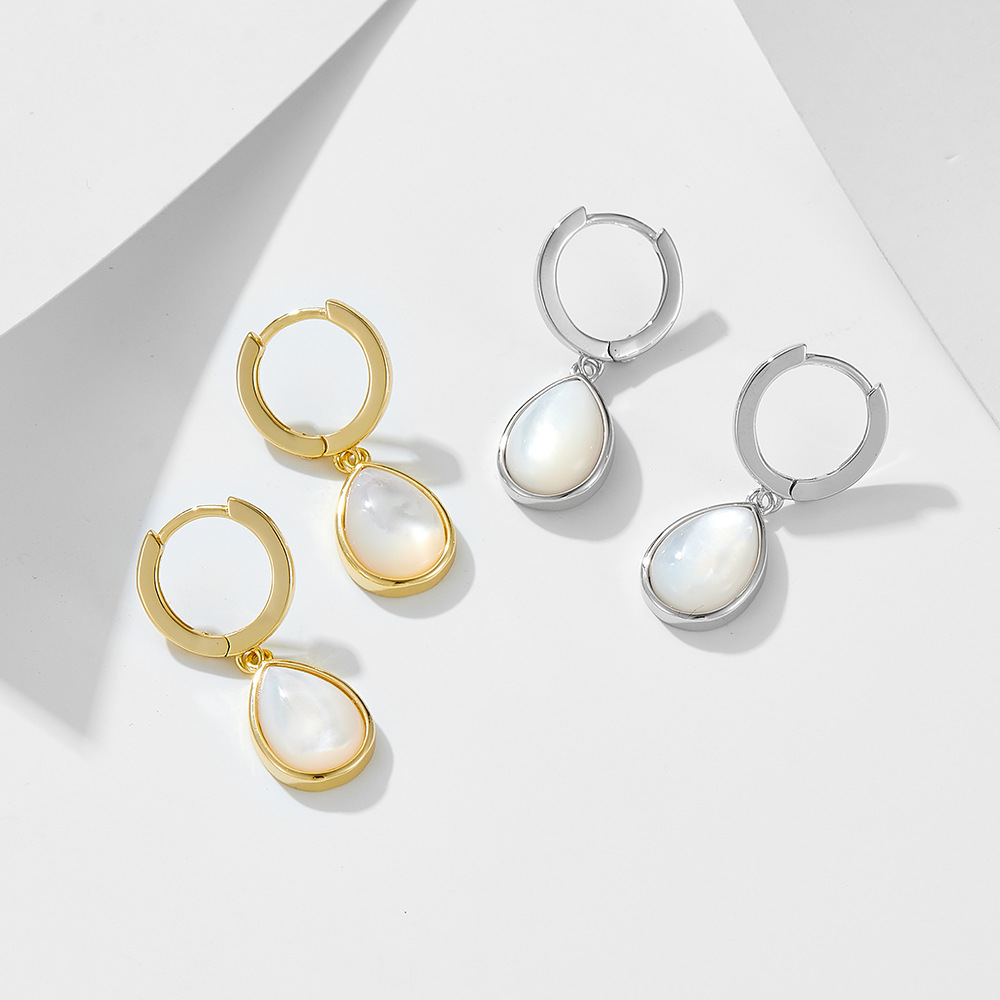 S925 Sterling Silver Teardrop-Shaped Natural White Shell Earrings - European and American Style, Niche Design, Light Luxury Earrings