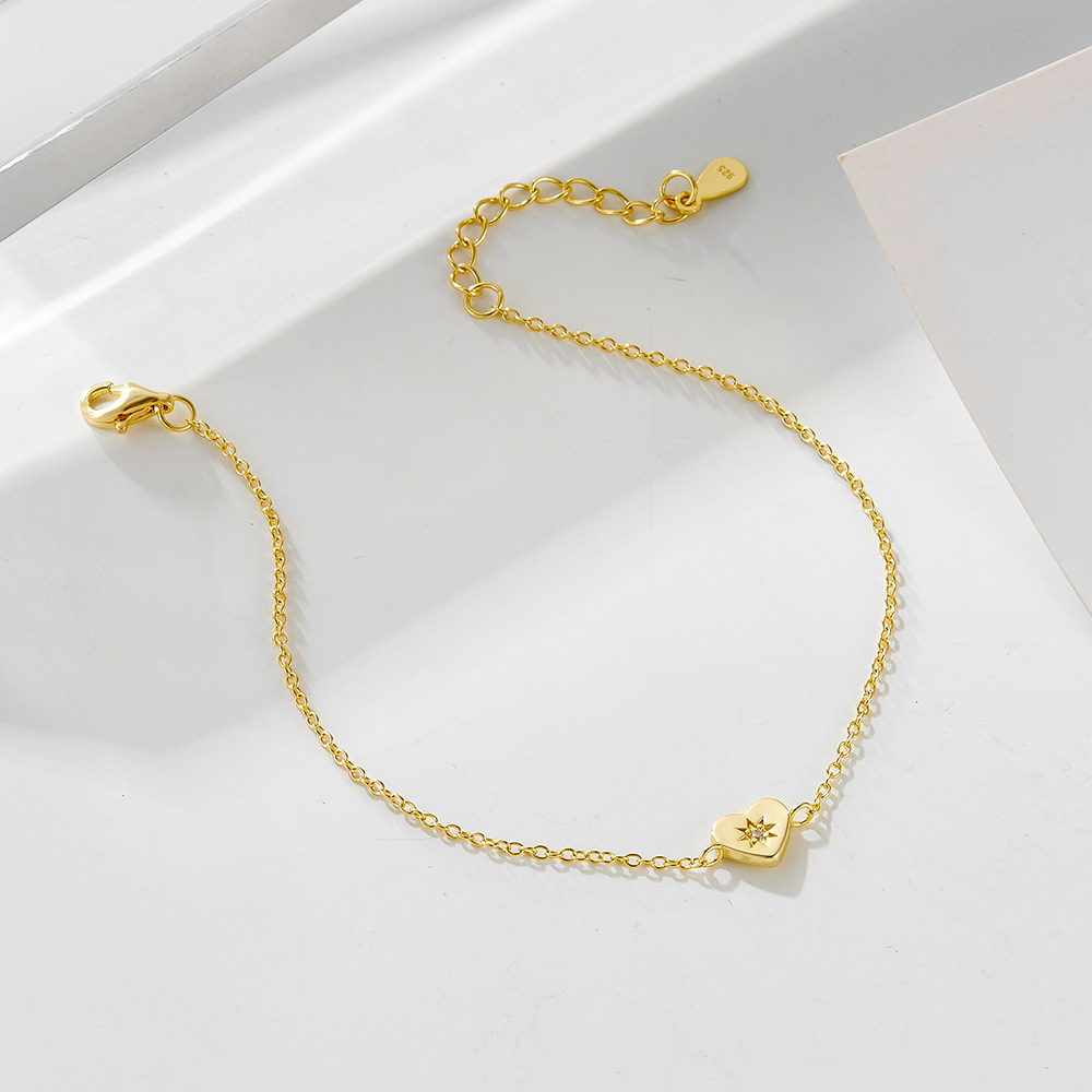 925 Sterling Silver Plated with 14K Gold Heart-Shaped Bracelet for Women, European and American Style, Simple, Fashionable, and High-End Jewelry
