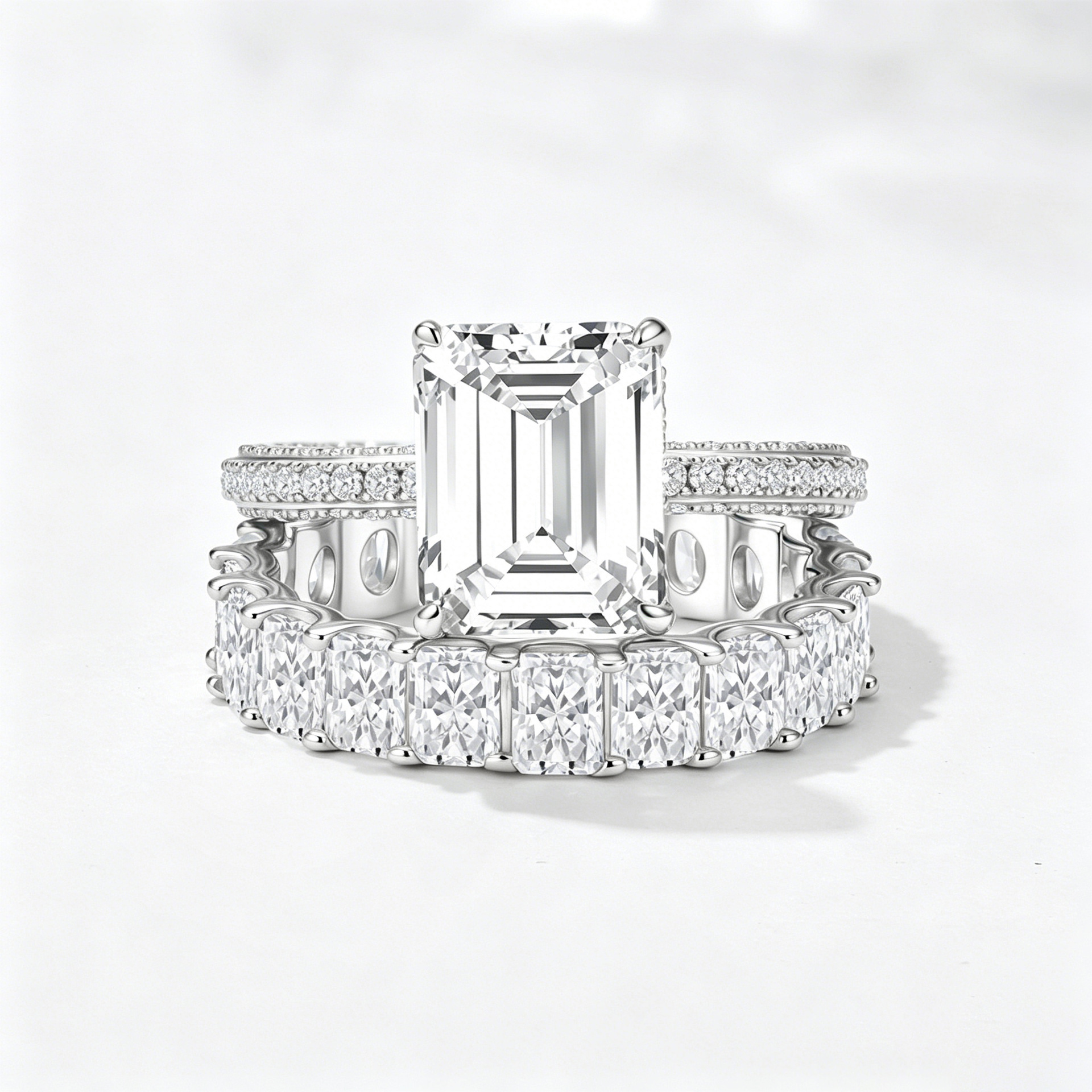 S925 Sterling Silver Full Diamond Ring Set - Popular in Europe and America: Geometric Square Zircon Combination Ring & Bracelet Set
