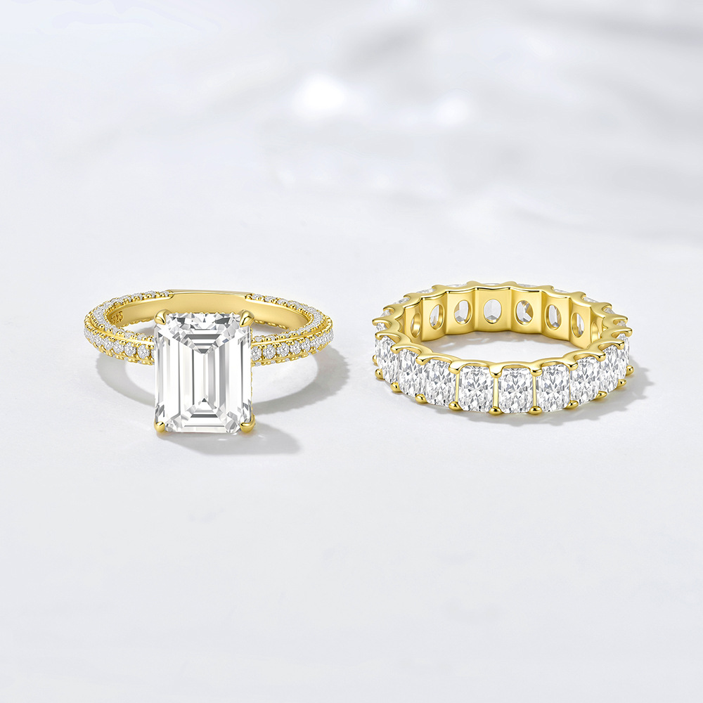 S925 Sterling Silver Full Diamond Ring Set - Popular in Europe and America: Geometric Square Zircon Combination Ring & Bracelet Set