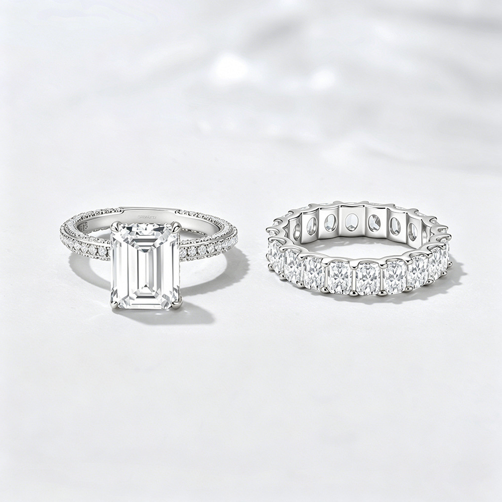 S925 Sterling Silver Full Diamond Ring Set - Popular in Europe and America: Geometric Square Zircon Combination Ring & Bracelet Set