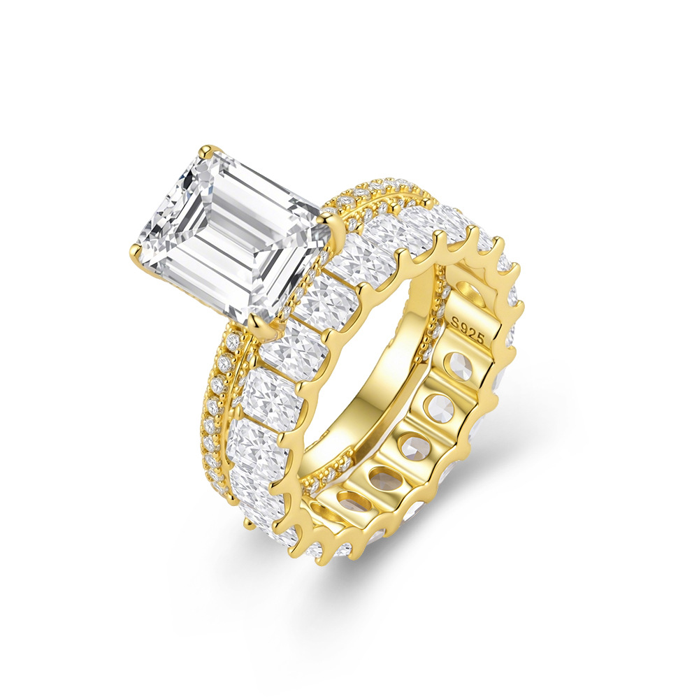 S925 Sterling Silver Full Diamond Ring Set - Popular in Europe and America: Geometric Square Zircon Combination Ring & Bracelet Set