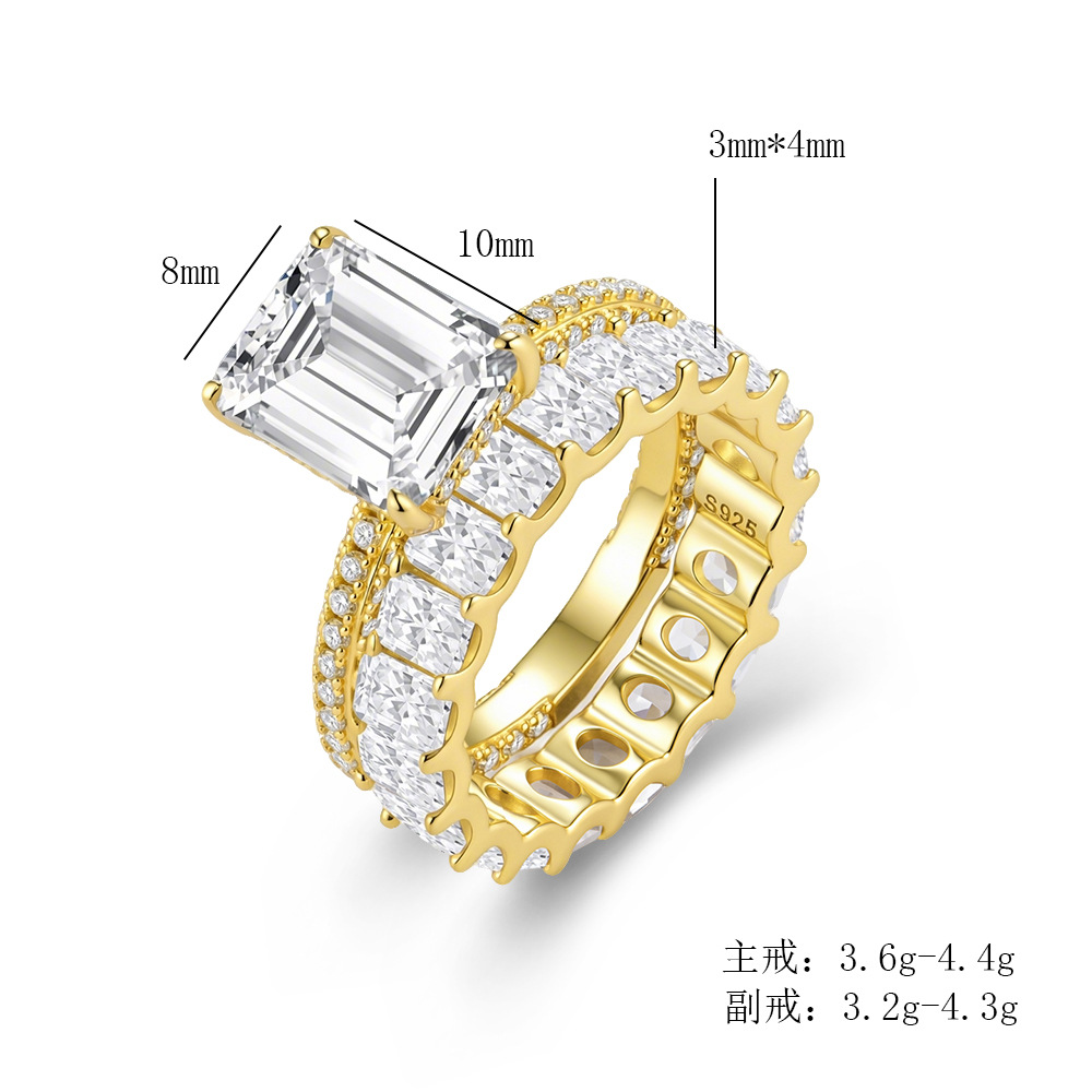 S925 Sterling Silver Full Diamond Ring Set - Popular in Europe and America: Geometric Square Zircon Combination Ring & Bracelet Set