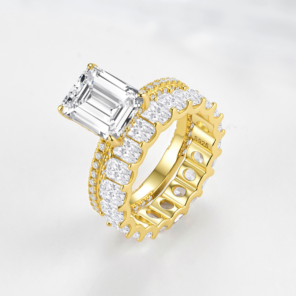 S925 Sterling Silver Full Diamond Ring Set - Popular in Europe and America: Geometric Square Zircon Combination Ring & Bracelet Set