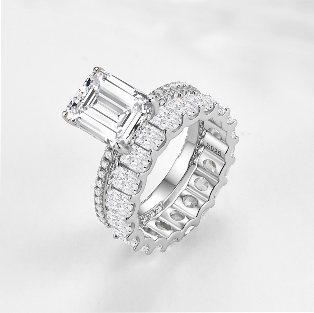 S925 Sterling Silver Full Diamond Ring Set - Popular in Europe and America: Geometric Square Zircon Combination Ring & Bracelet Set