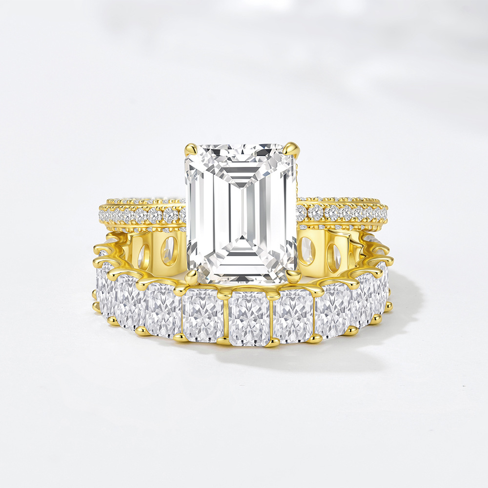 S925 Sterling Silver Full Diamond Ring Set - Popular in Europe and America: Geometric Square Zircon Combination Ring & Bracelet Set