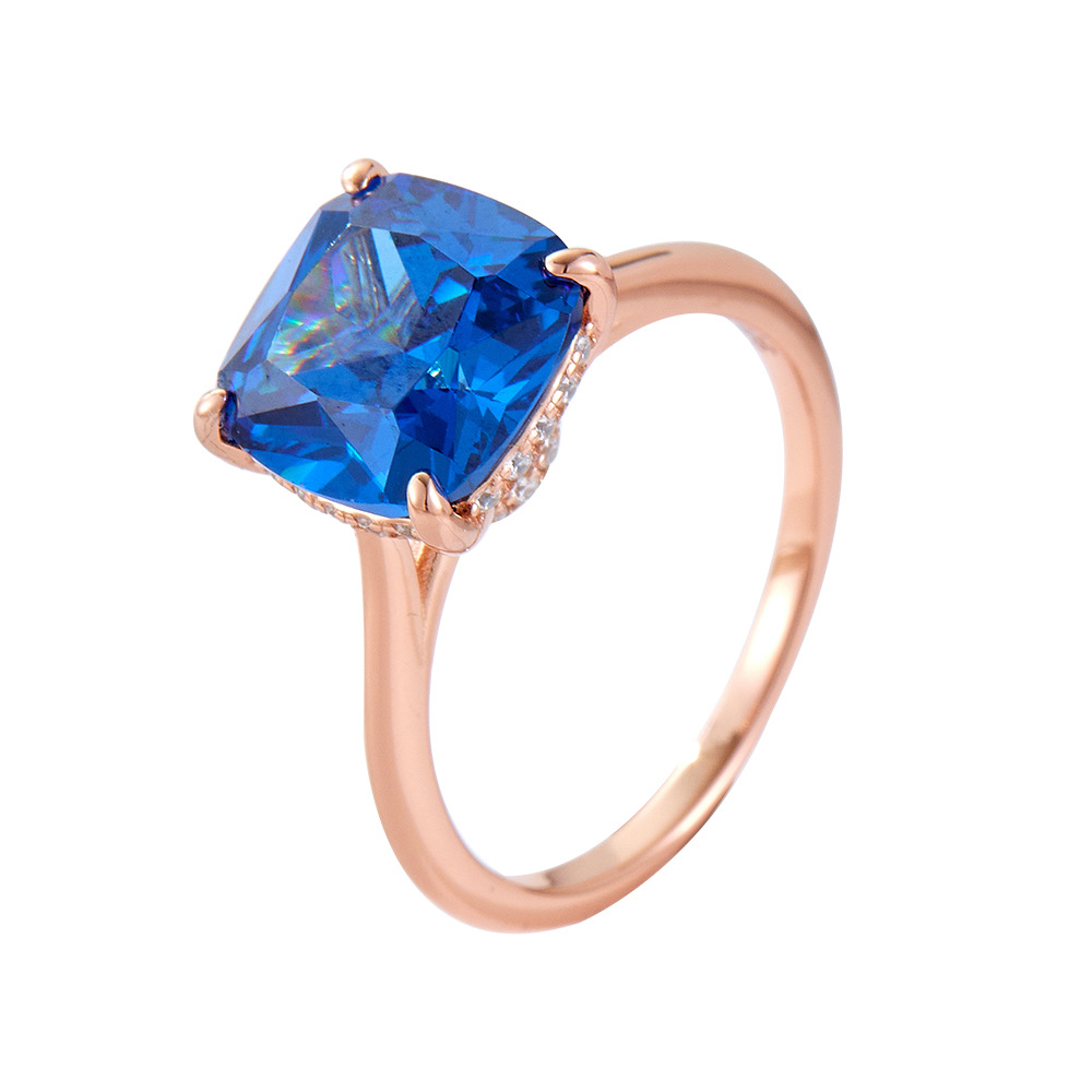 Blue cushion-shaped 10*10 zircon sterling silver ring plated with rose gold, women's luxury European and American style gemstone quality.