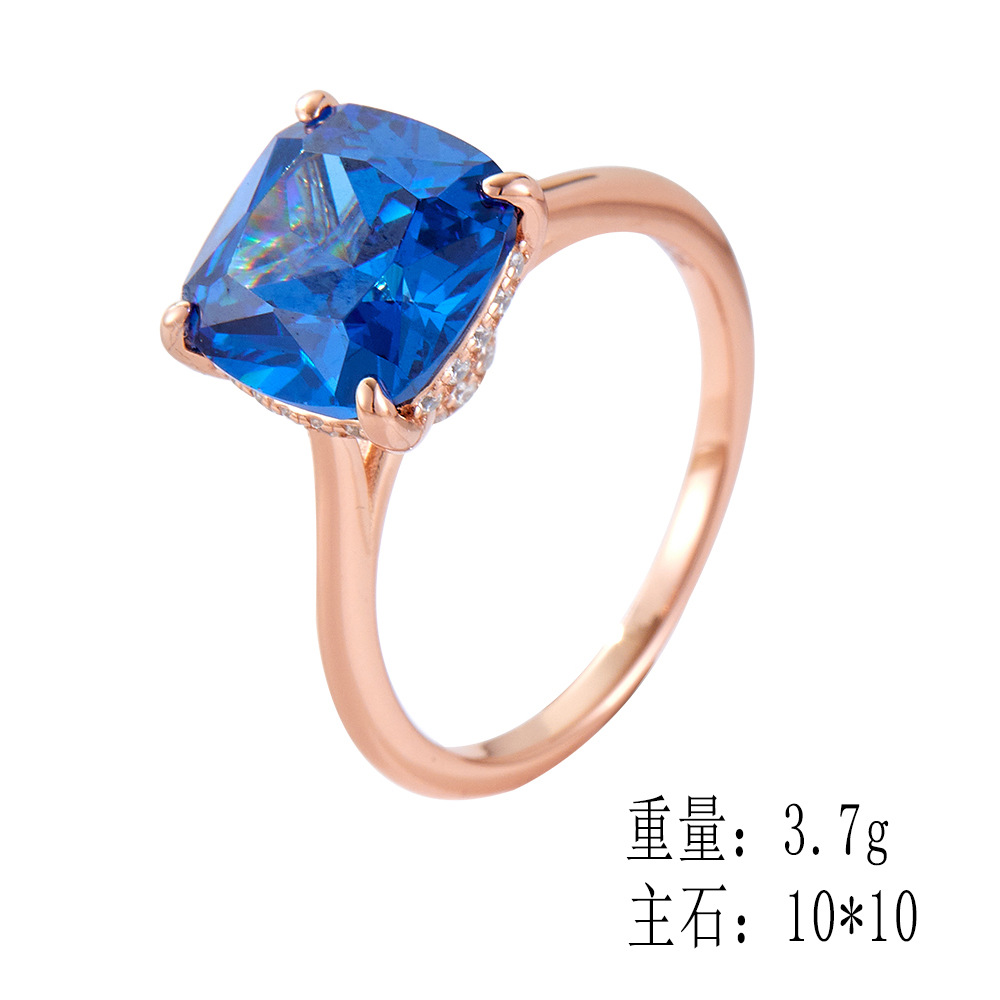 Blue cushion-shaped 10*10 zircon sterling silver ring plated with rose gold, women's luxury European and American style gemstone quality.