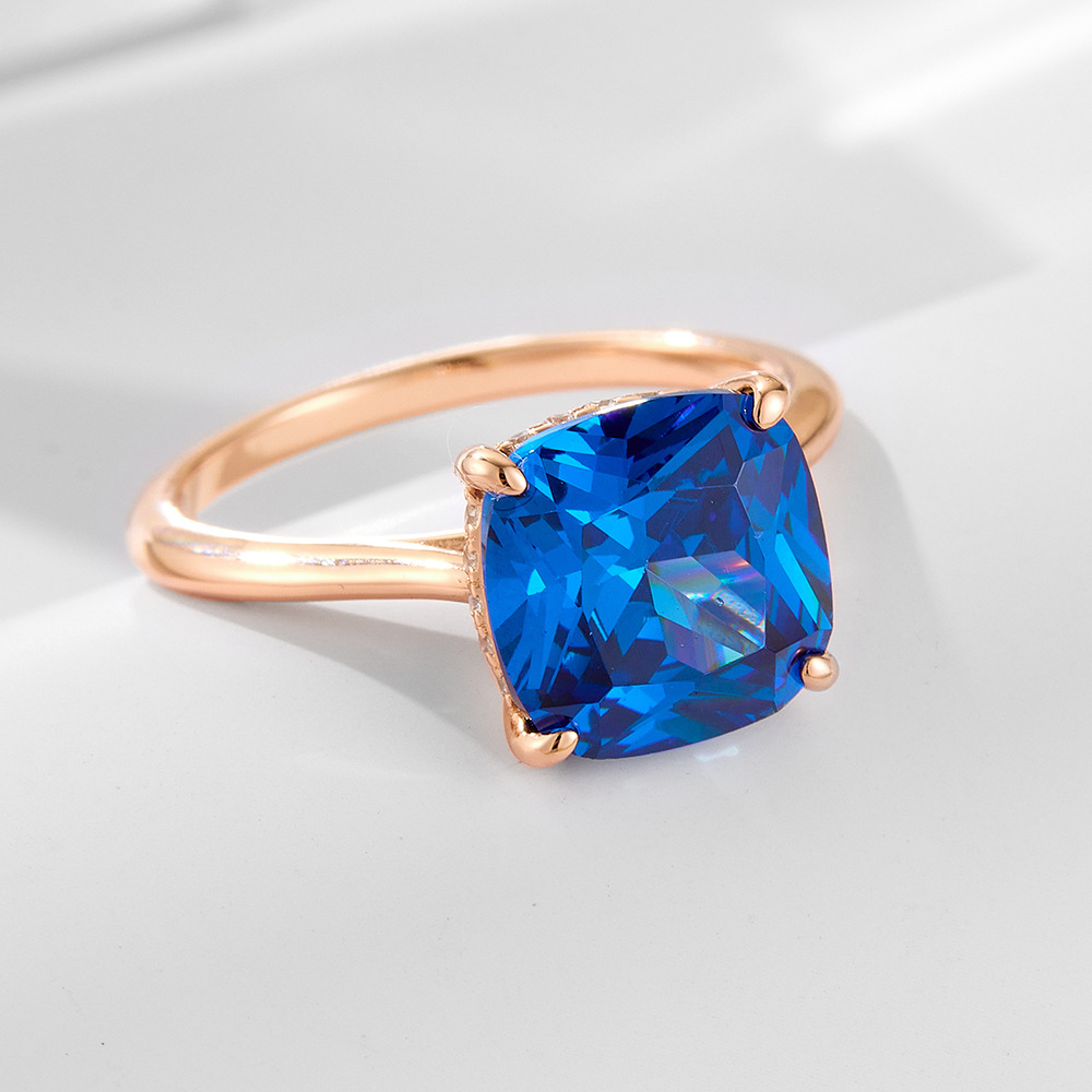 Blue cushion-shaped 10*10 zircon sterling silver ring plated with rose gold, women's luxury European and American style gemstone quality.